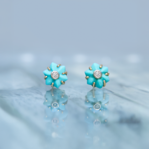 Aretes Flor en Turquesa con Diamantes * Oro Amarillo 14k