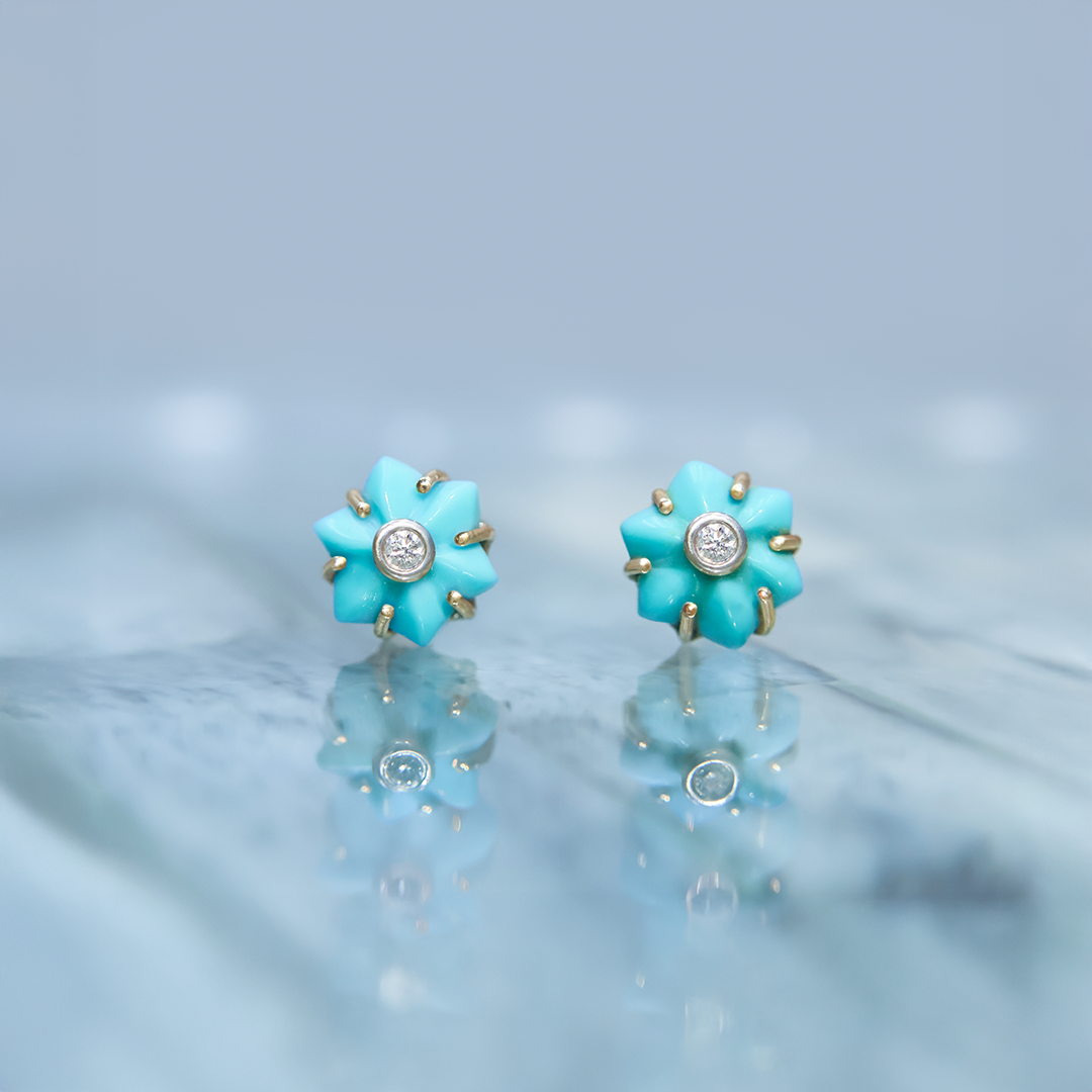 Aretes Flor en Turquesa con Diamantes * Oro Amarillo 14k
