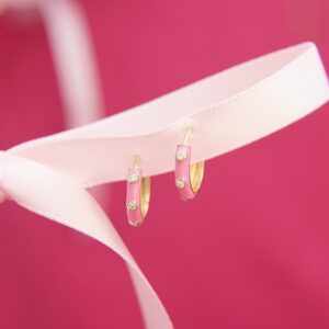 Arracadas Loop Rosa Algodón con Diamantes * Oro Amarillo 14k